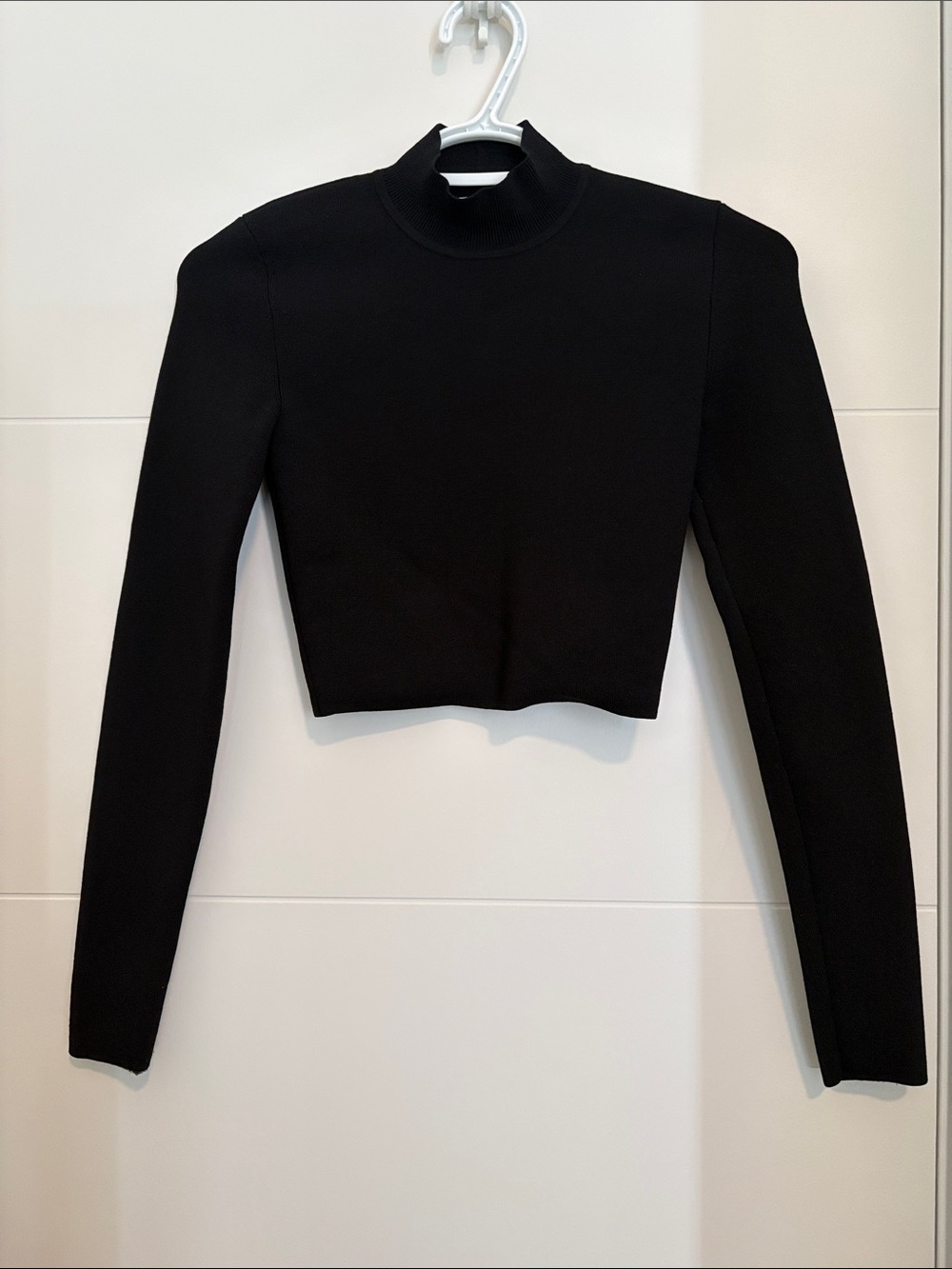 Babaton Black Mock-Neck Cropped Long-Sleeve Top stretchy thick material